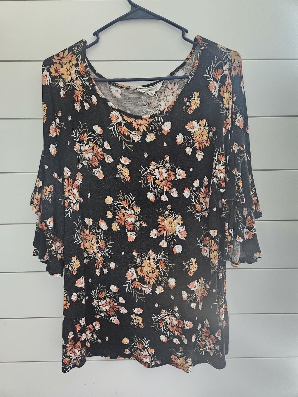 Women’s Black Floral Ruffle Sleeve Top - Orange & Cream Bouquet